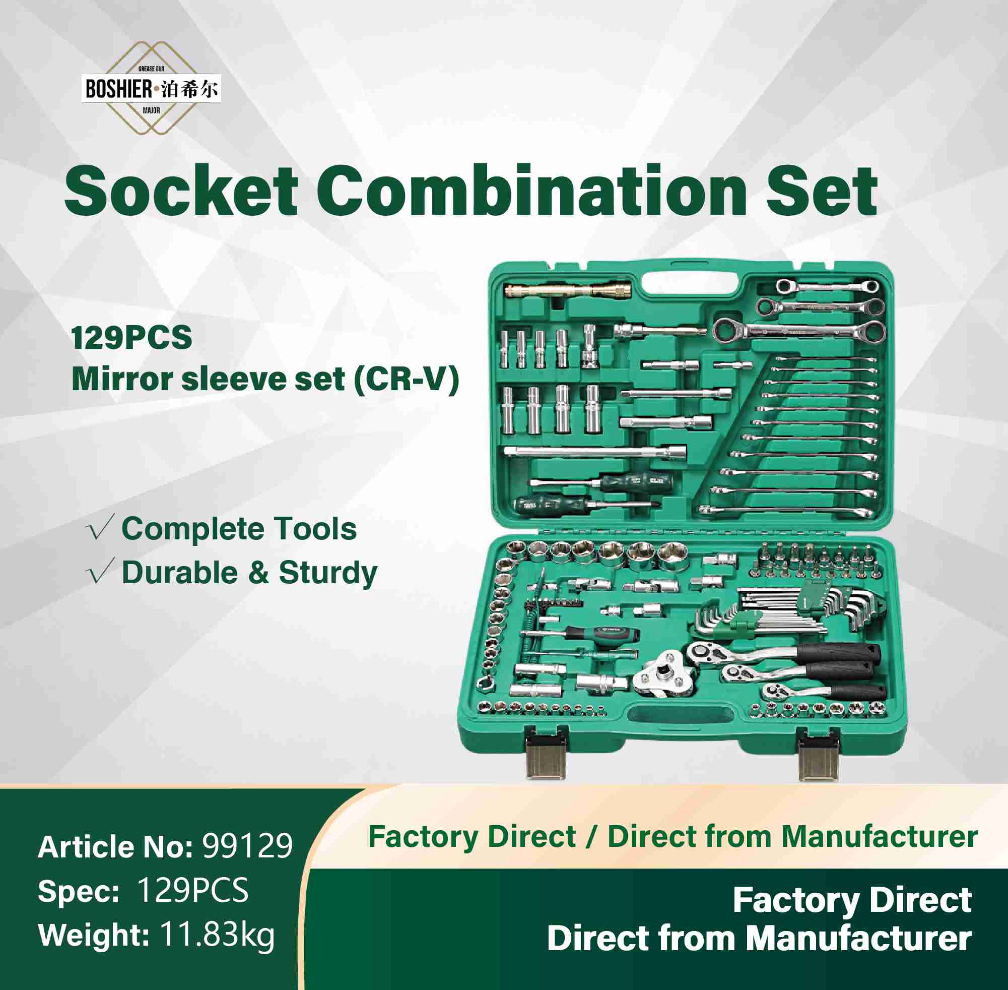 129-piece mirror chrome vanadium steel socket set