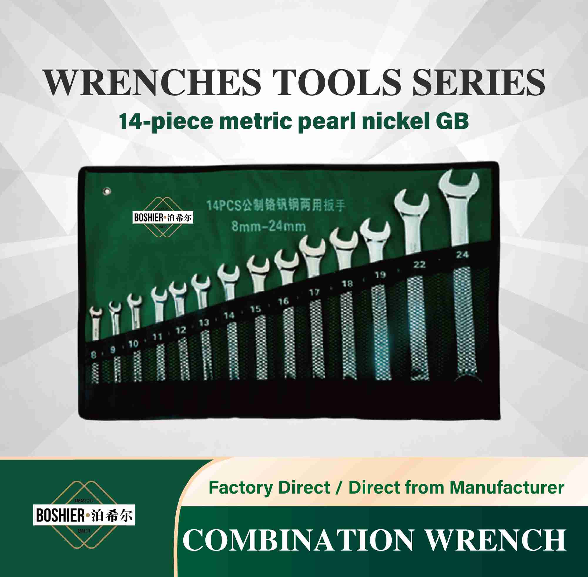 14 pieces metric pearl nickel national standard combination wrenches
