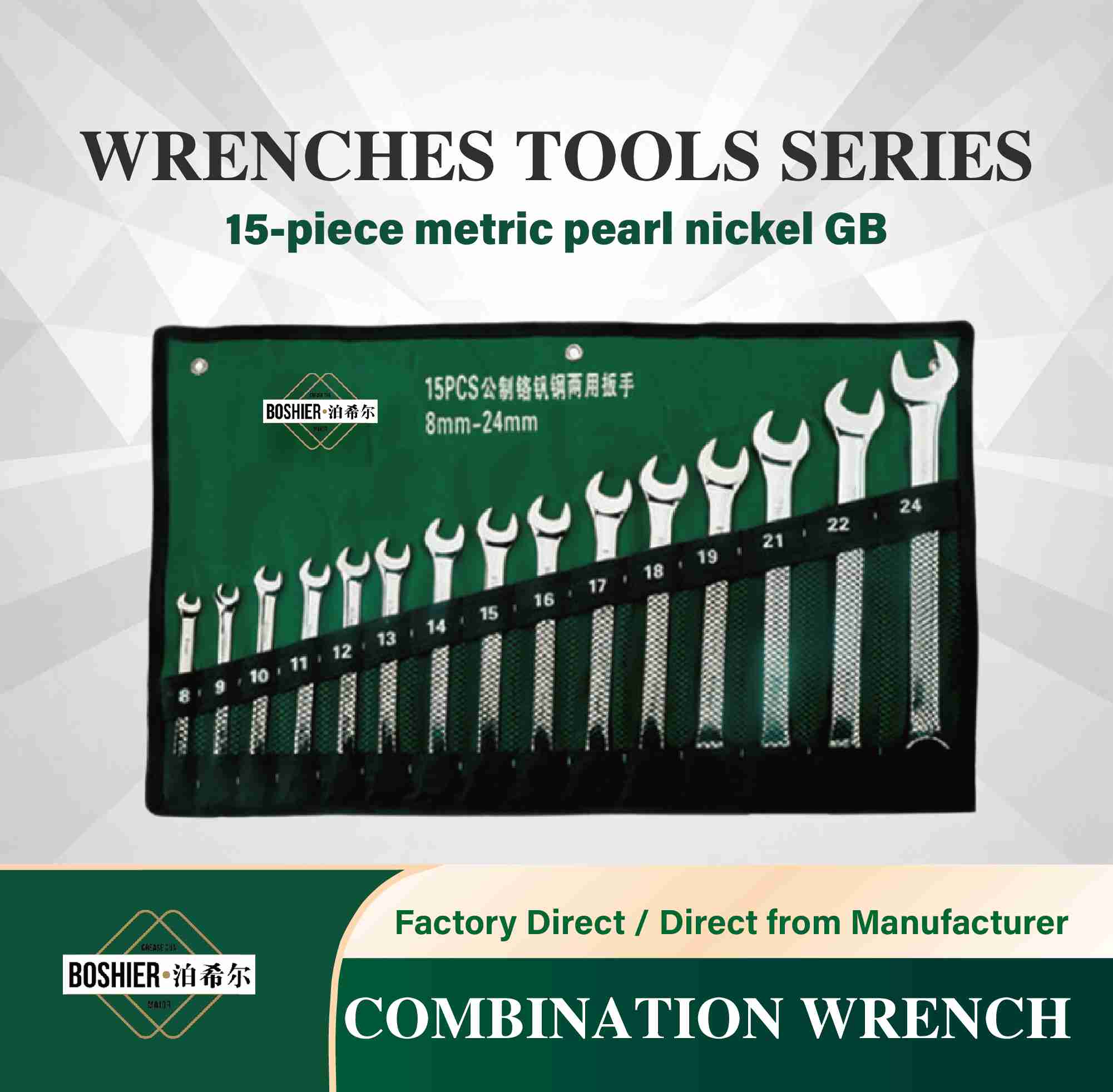 15 pieces metric pearl nickel national standard combination wrenches